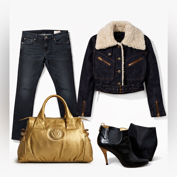 Steve Madden Dark Denim Jacket Plush Lapel Zip Sleeves Size M Timeless Mob Wife - Picture 6 of 14